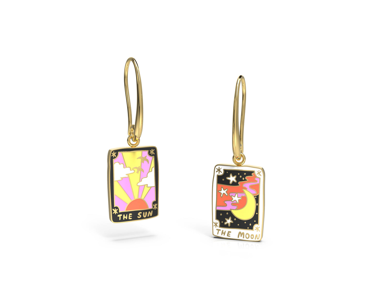 Sun & Moon Tarot Earrings - 18k Gold Gilt Enamel Jewelry