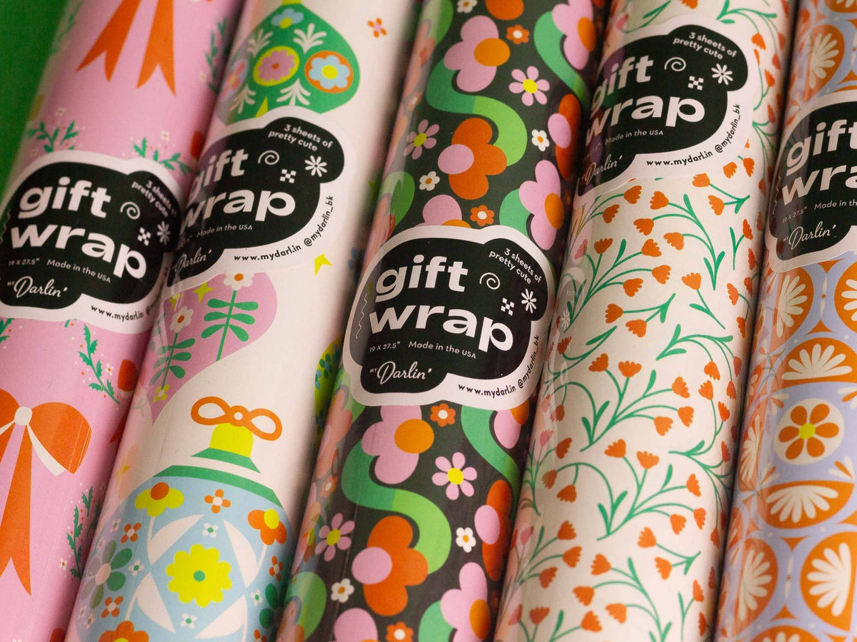 Fleurty Girl (Red) Retro Floral Holiday Wrapping Paper