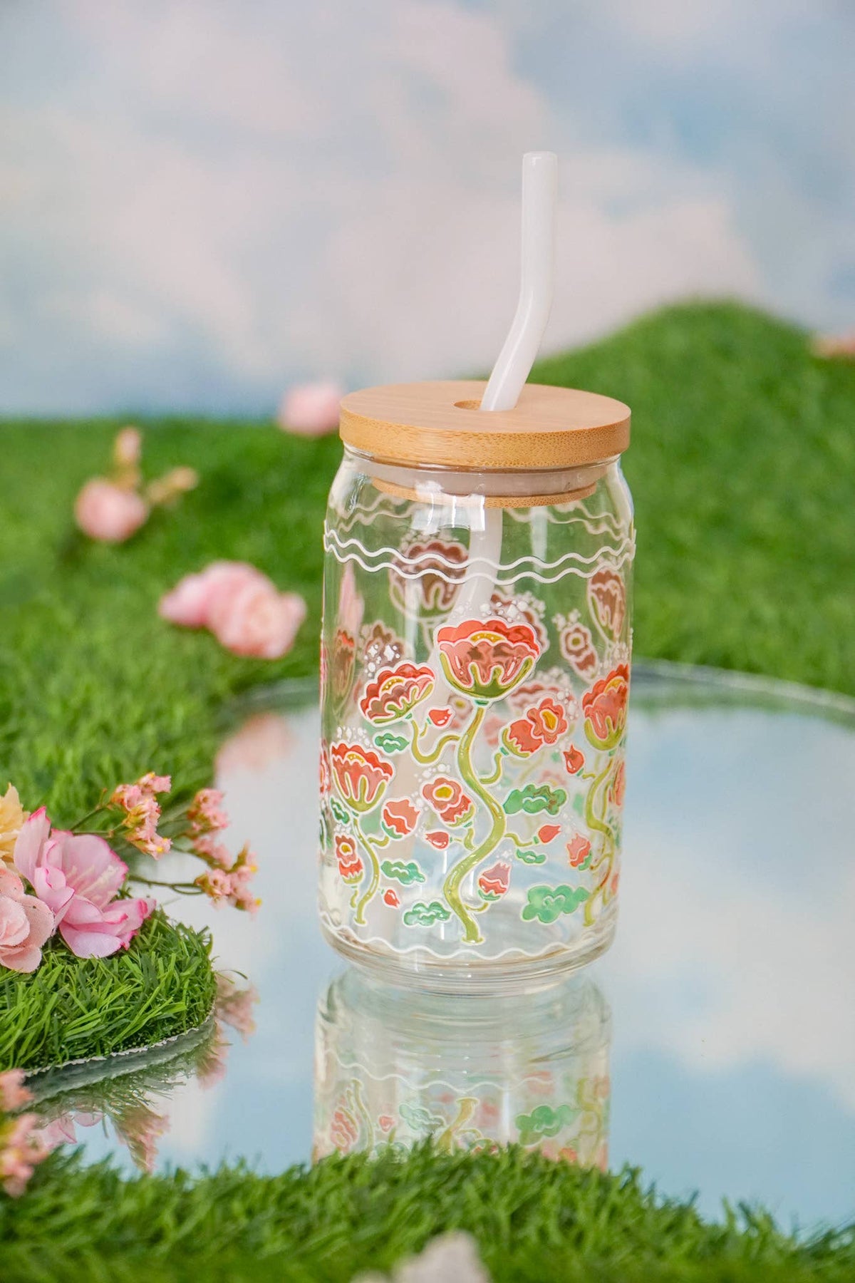 Pretty Poppy 16oz Can Glass | Stained Glass Flower Design