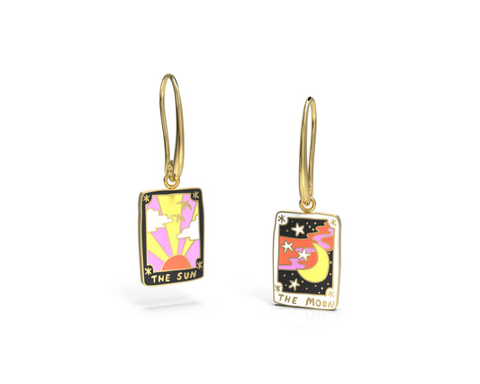 Sun & Moon Tarot Earrings - 18k Gold Gilt Enamel Jewelry